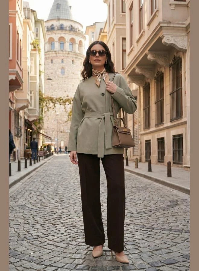 Lela Lela Regular Fit Crew Neck Trench Coat With Belt Detail Women'S Trench Coat 6927672